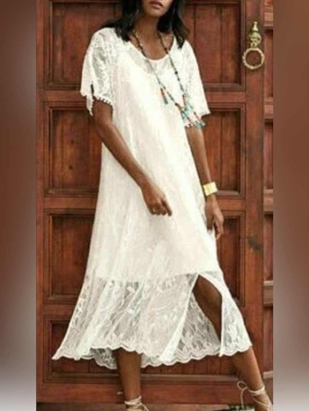 Jade x Johnny Was ‘Sawyer’ Ivory Lace Midi Dress Sz XL Pom Poms Boho Beach $418